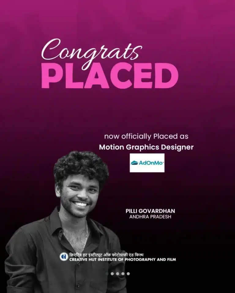 Pilli Govardhan placed as Motion Graphics Designer at AdOnMo – Creative Hut Institute placement poster